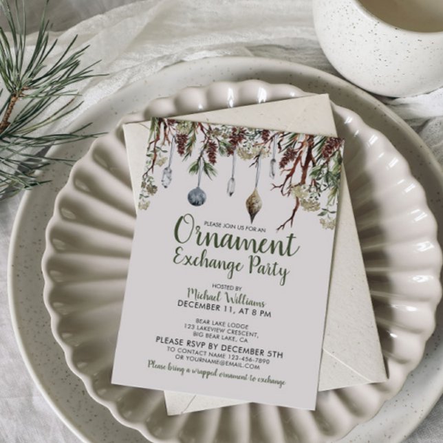 SNOWY PINES Christmas Ornament Exchange Party Invitation (Celebrate the season with a festive ornament exchange! Fun, friends, and holiday memories await!)