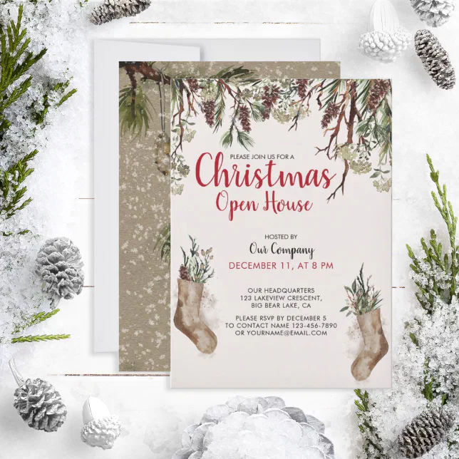 SNOWY PINES Company Christmas Open House Invitation | Zazzle