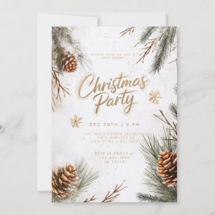 Snowy Pines Pinecones Snowflakes Gold Christmas Invitation