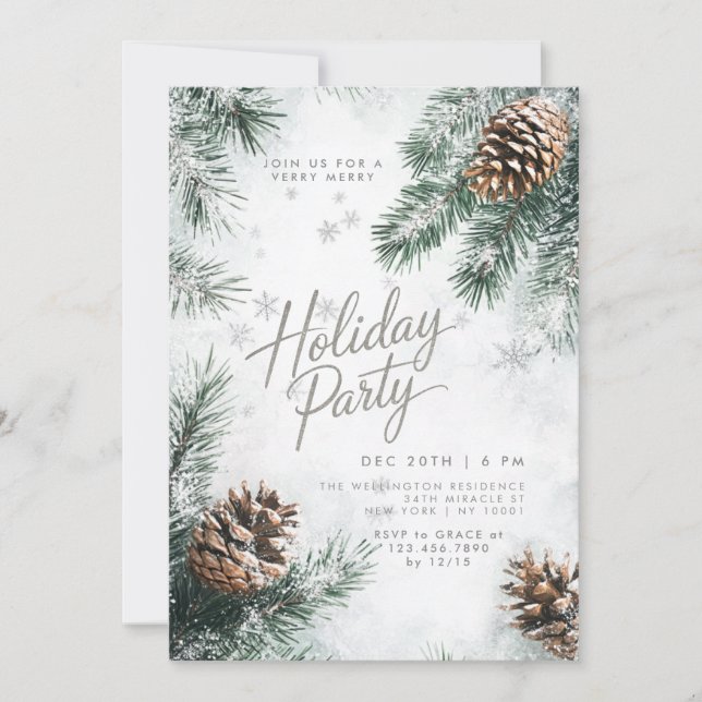 Snowy Pines Pinecones Snowflakes Holiday Invitation (Front)