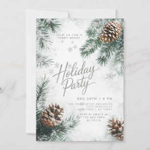 Snowy Pines Pinecones Snowflakes Holiday Invitation