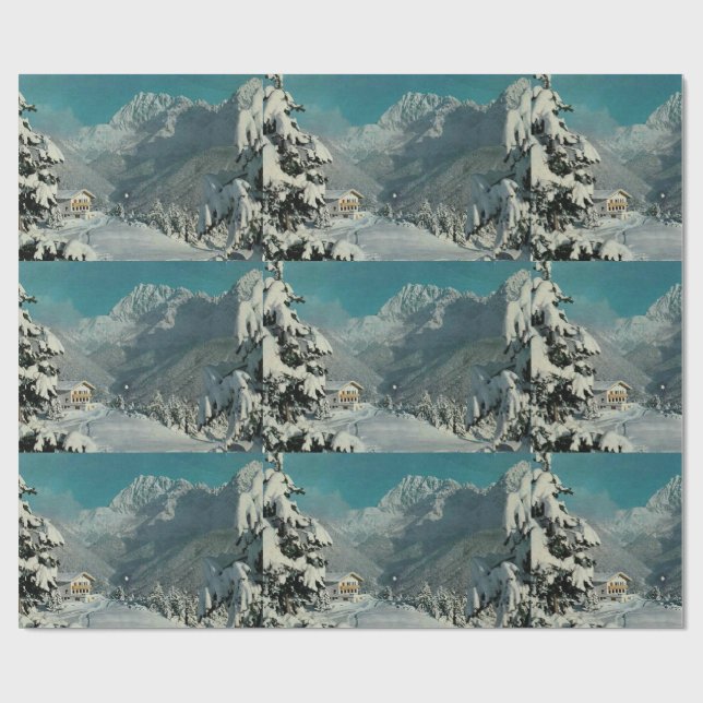 Snowy Pines Vintage Switzerland Chalet Christmas Wrapping Paper (Flat)