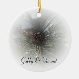 Snowy Pines Winter Wedding Ceramic Ornament