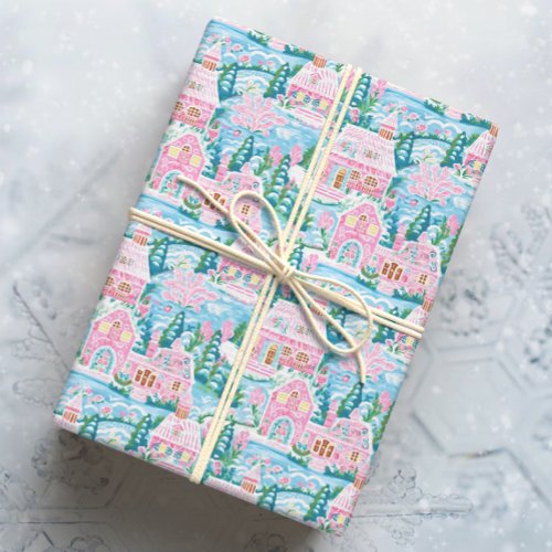 Snowy Pink and Blue Christmas Gingerbread Town Wrapping Paper