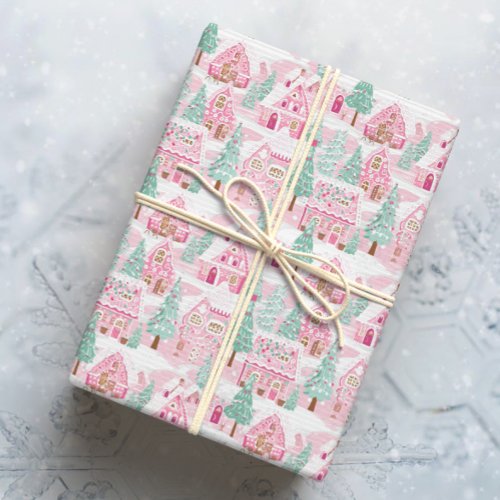 Snowy Pink and Green Christmas Gingerbread Town Wrapping Paper