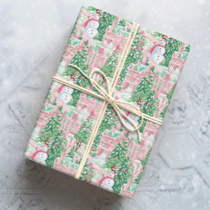 Snowy Pink and Green Christmas Town Wrapping Paper