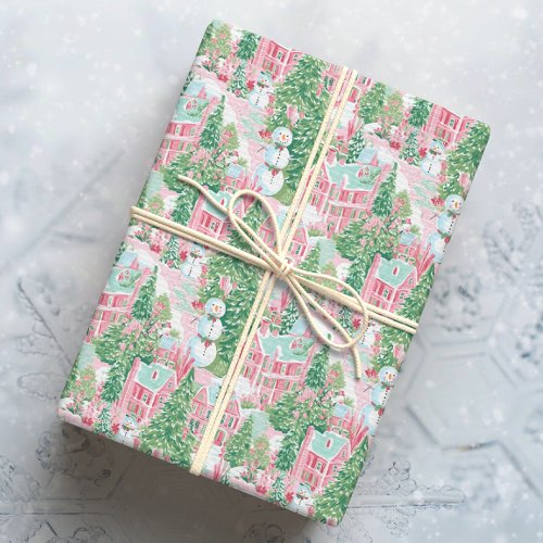 Snowy Pink and Green Christmas Town Wrapping Paper