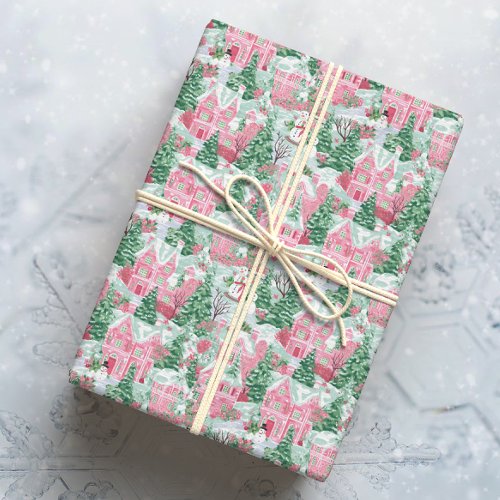 Snowy Pink and Green Christmas Town Wrapping Paper