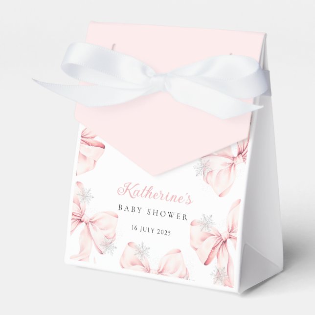 Snowy Pink Bow Baby Shower Favor Boxes (Front Side)