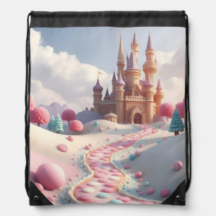 Snowy Pink Candy Land Fairy Castle Drawstring Bag