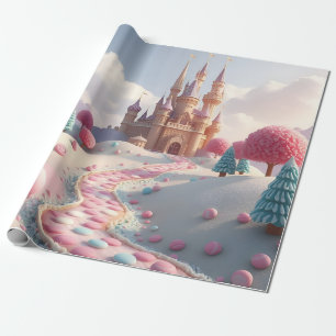 Snowy Pink Candy Land Fairy Castle Wrapping Paper