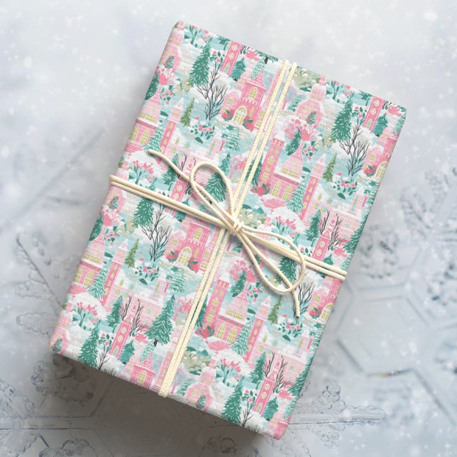 Snowy Pink Christmas Churches Wrapping Paper (Creator Uploaded)