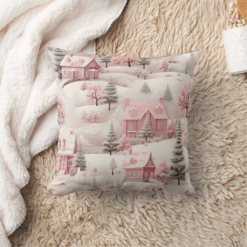 Snowy Pink Christmas Holiday Snow Covered Village Throw Pillow