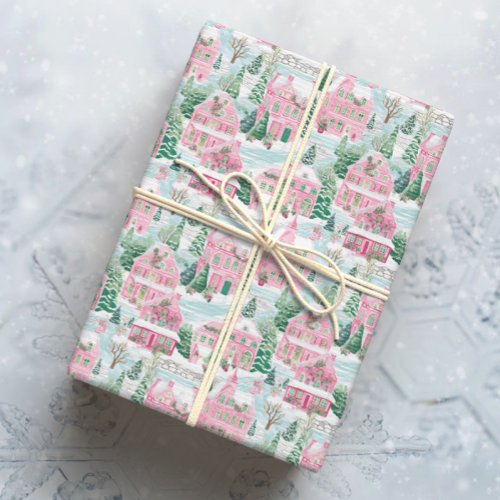 Snowy Pink Christmas Town Wrapping Paper