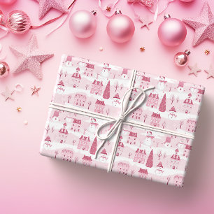 Snowy Pink Christmas Village Wrapping Paper