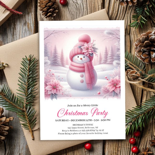 Snowy Pink Coquette Snowman Editable Kids Christma Invitation (Snowy Pink Coquette Snowman Editable Kids Christmas Invite)