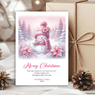 Snowy pink coquette snowman kids card digital art