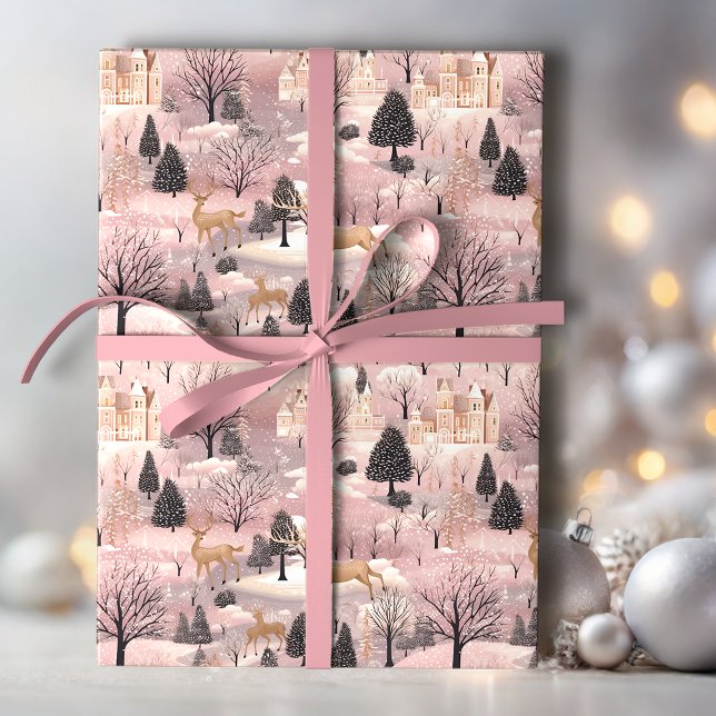 Snowy Pink Deer Forest Wrapping Paper (Creator Uploaded)