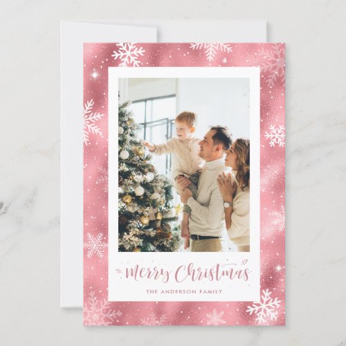 Snowy Pink Foil Photo Merry Christmas Cards