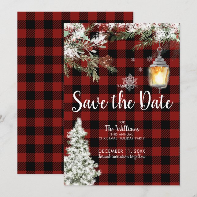 Snowy Plaid Christmas Holiday Party Save the Date Invitation (Front/Back)