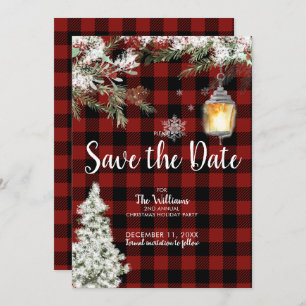 Snowy Plaid Christmas Holiday Party Save the Date Invitation