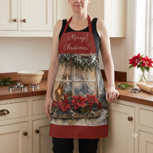 Snowy Poinsettia Christmas Window Apron