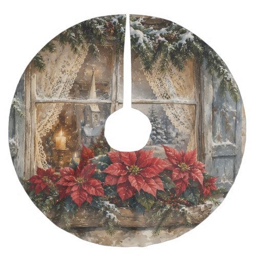 Snowy Poinsettia Christmas Window Brushed Polyester Tree Skirt
