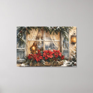 Snowy Poinsettia Christmas Window Canvas Print
