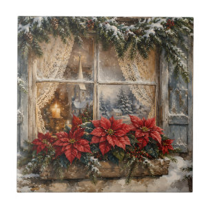 Snowy Poinsettia Christmas Window Ceramic Tile