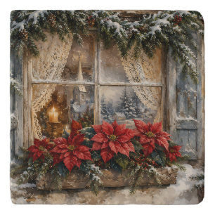 Snowy Poinsettia Christmas Window Trivet