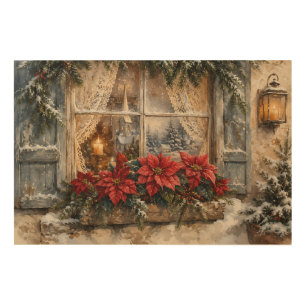 Snowy Poinsettia Christmas Window Wood Wall Art