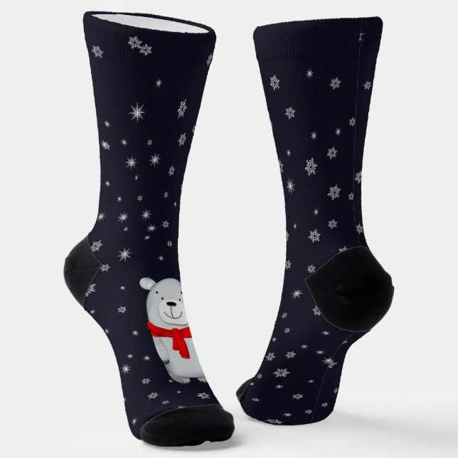 Snowy Polar Bear Navy Winter Christmas Socks (Angled)