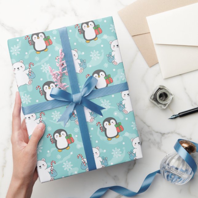 Snowy Polar Bears & Penguins Wrapping Paper | Cute (Gifting)