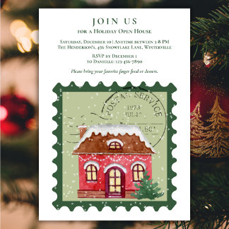 Snowy Postage Stamp Holiday Open House Invitation