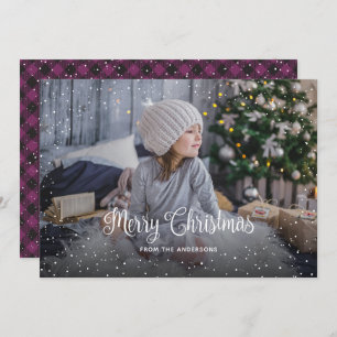 Snowy Purple Buffalo Plaid Photo Christmas Cards