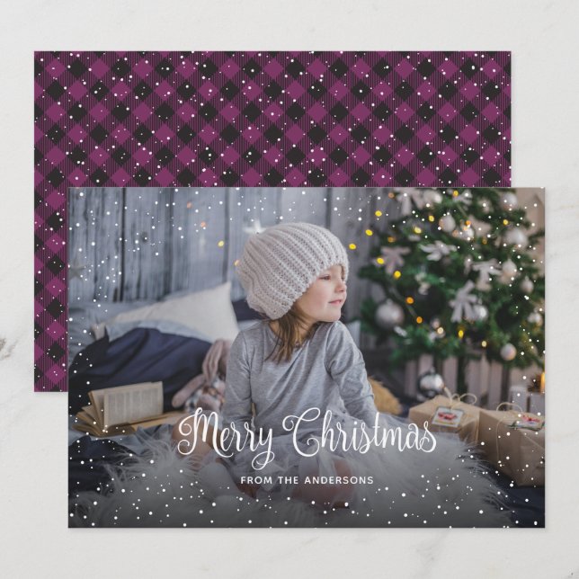 Snowy Purple Buffalo Plaid Photo Christmas Cards (Front/Back)