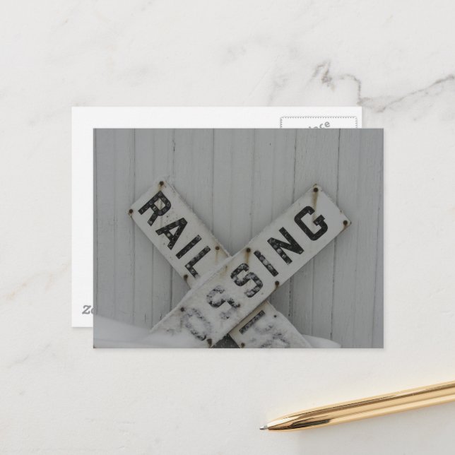 Snowy Railroad Crossing Sign Postcard (Front/Back In Situ)