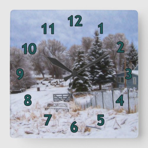 Snowy Ranch House Square Wall Clock
