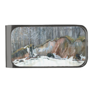 Snowy ravine painting watercolor on silk gunmetal finish money clip