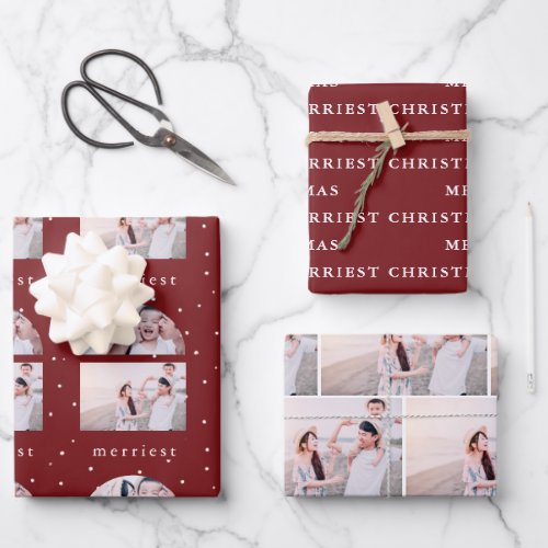 Snowy Red and White Merriest Christmas Photo Wrapping Paper Sheets