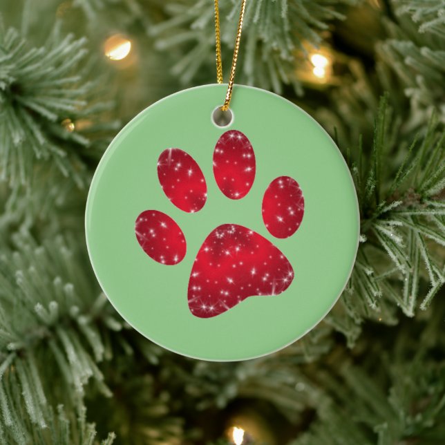 Snowy Red Animal Paw Print Ceramic Ornament (Tree)