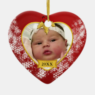 Snowy Red Baby's First Christmas Photo Ceramic Ornament