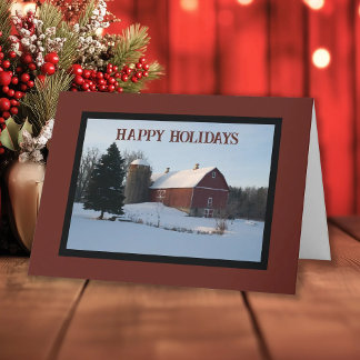 Snowy Red Barn Country Christmas Holiday Card