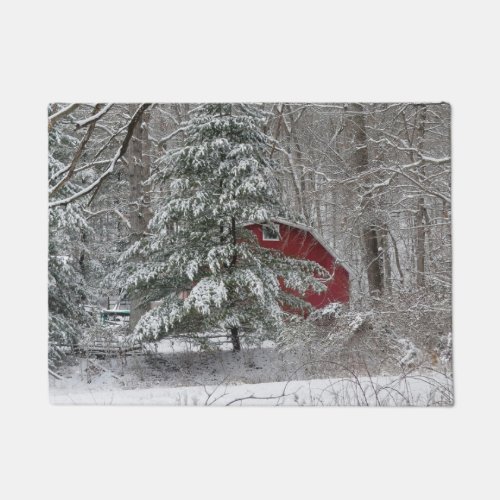 Snowy Red Barn Doormat