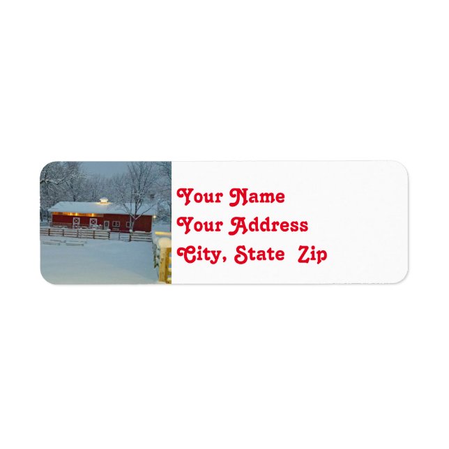 Snowy Red Barn Farm Christmas Return Address Label (Front)