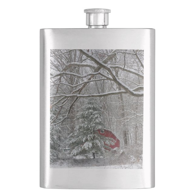 Snowy Red Barn Flask (Front)