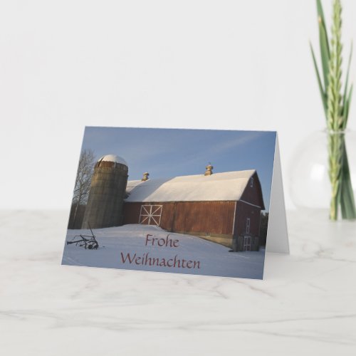 Snowy Red Barn Frohe Weihnachten German Christmas Holiday Card