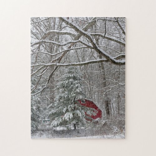 Snowy Red Barn Jigsaw Puzzle