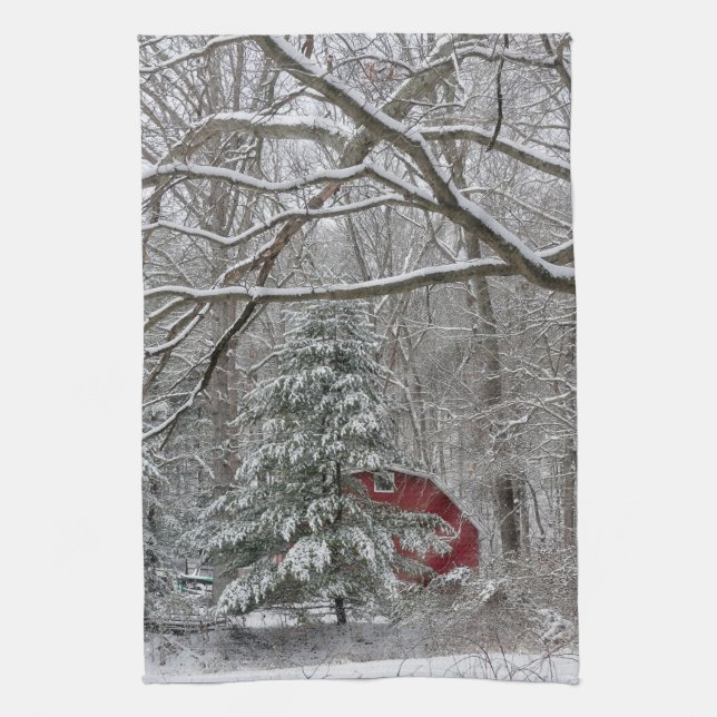 Snowy Red Barn Kitchen Towel (Vertical)