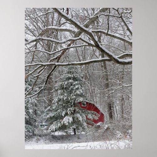 Snowy Red Barn Poster
